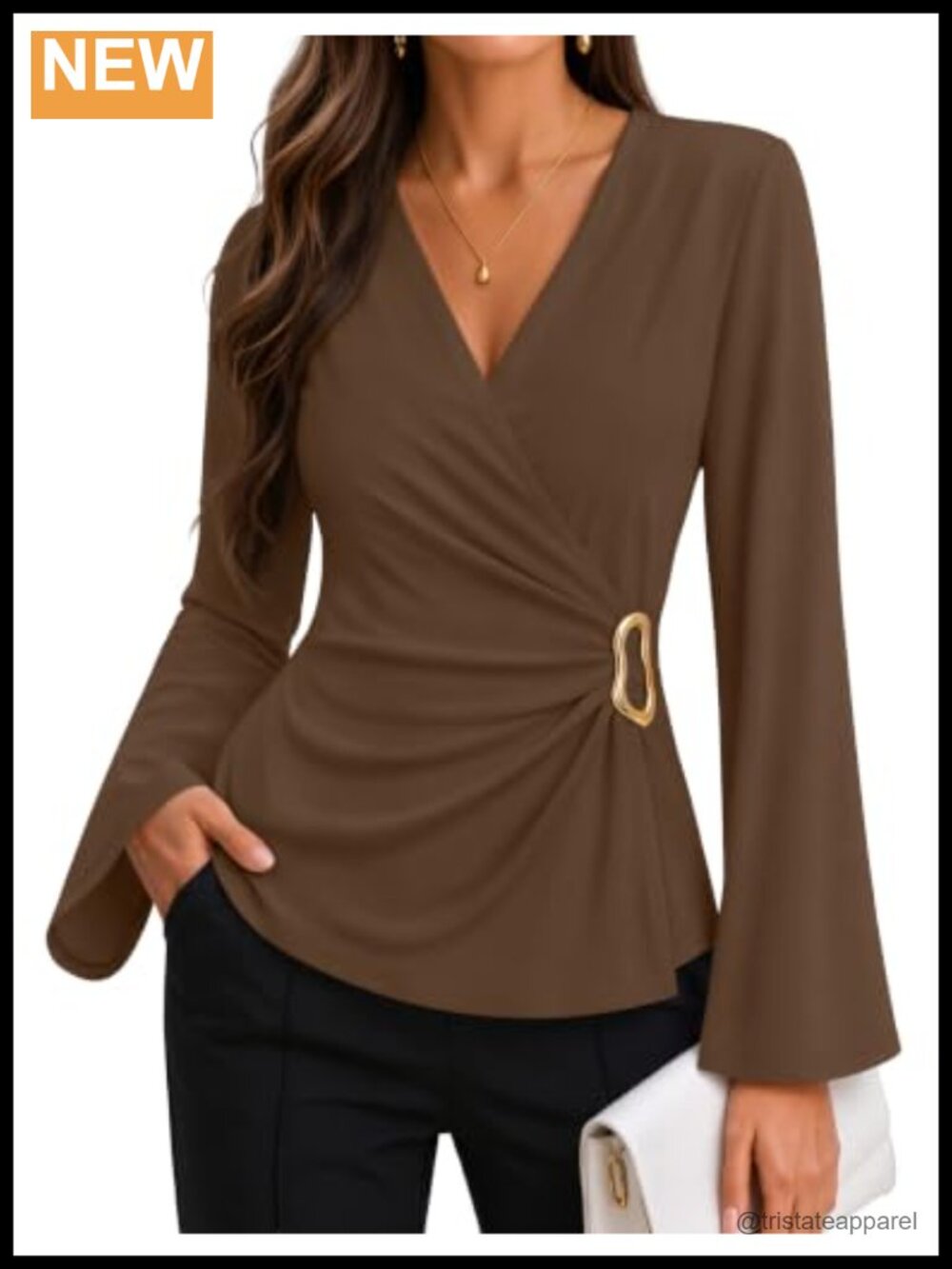 Women’s Wrap Blouse V-Neck Bell Sleeve Ruched Dressy Top Long Sleeve